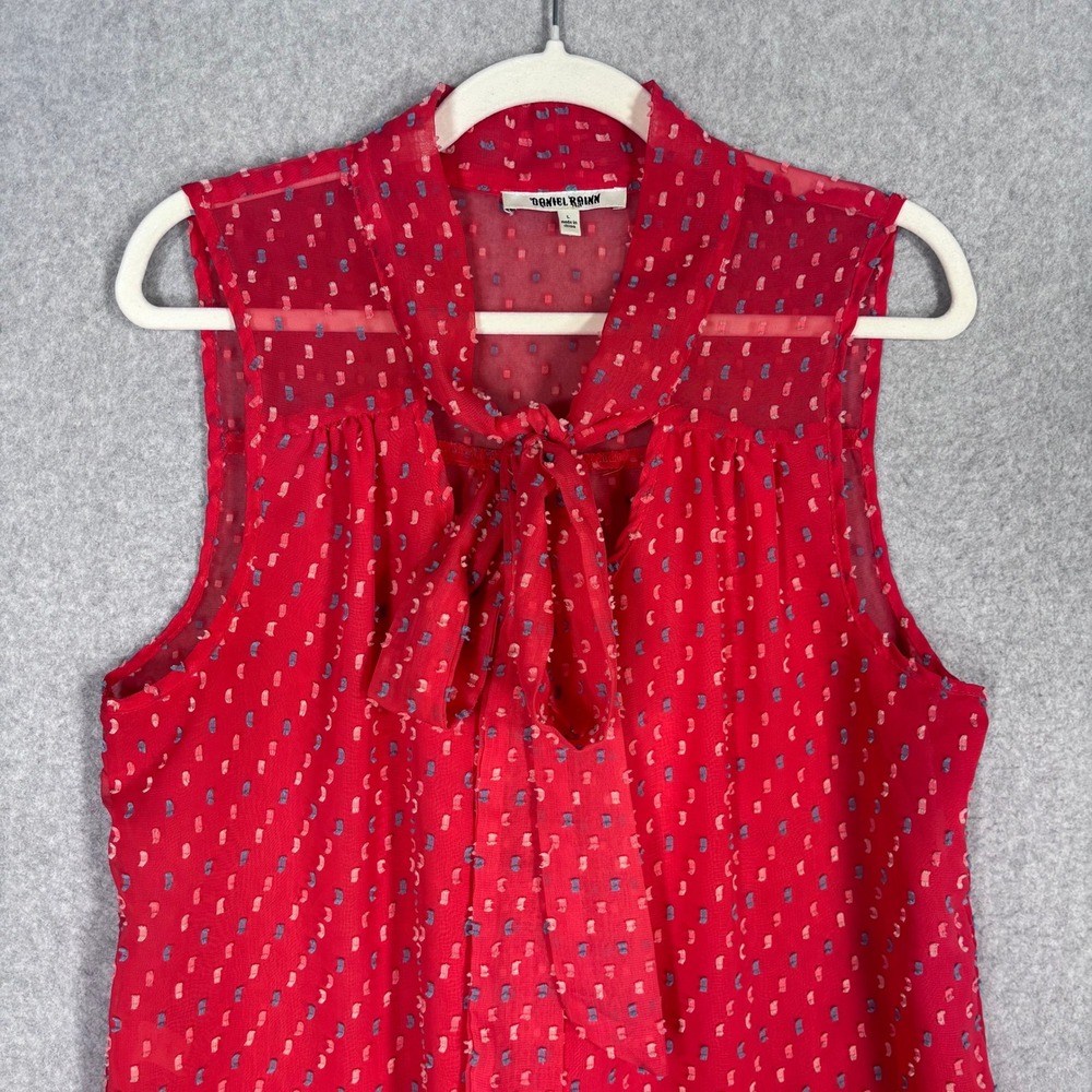 Daniel Rainn Sheer Tie Neck Blouse Large Red Clip Dot Overlay Lined Preppy Flowy